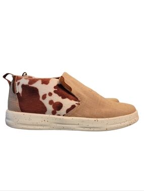 Hey Dude Women’s Emma Chocolate Mix Cow Print Hair Shoes Tan Canvas Front US 10